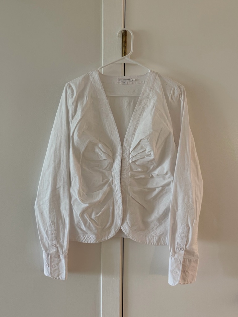 Good American White Ruched V-Neck Long Sleeve Top